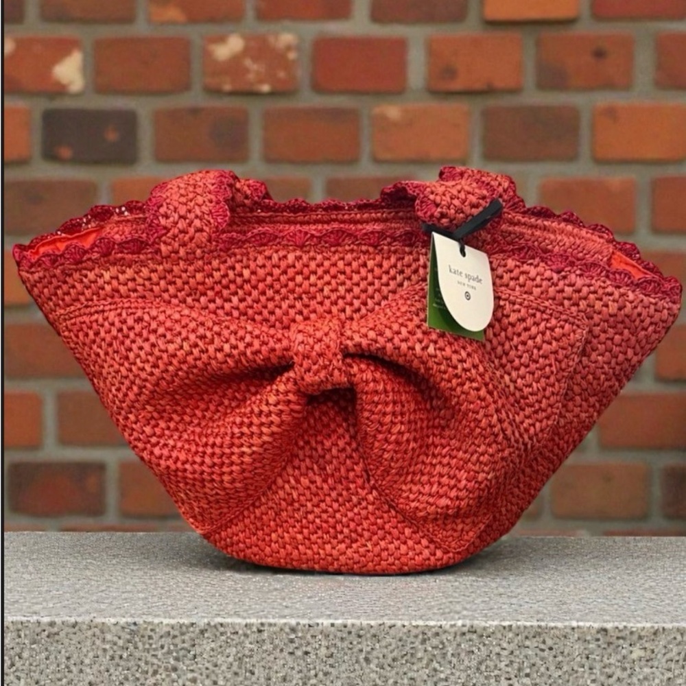 Kate Spade Woven Raffia Bow Tote Bag Orange Summer Straw Shoulder Bag ♠️ - Picture 4 of 10